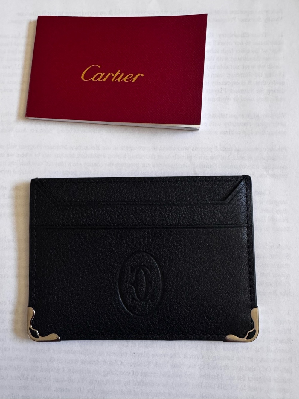 New Cartier Black Leather Card & Key Holder with Silver Corner Accents